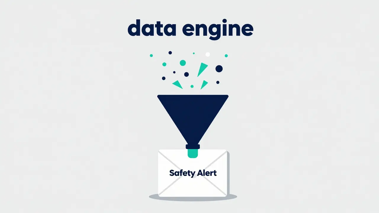 Conceptual illustration of data being processed into a clear safety alert notification.