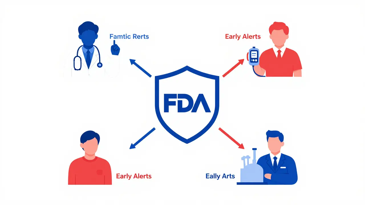 Diagram showing FDA safety alerts reaching a doctor, a patient, and an industry professional.