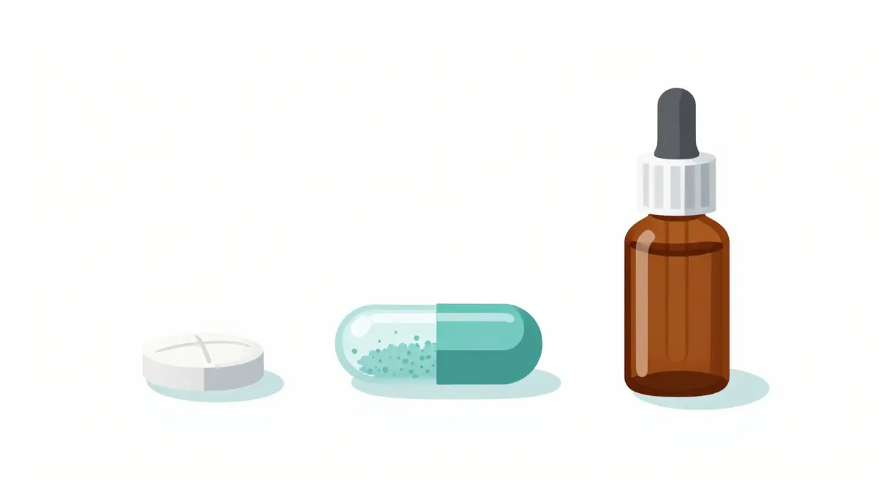 Different forms of medication including tablets, sprinkle capsules, and liquid