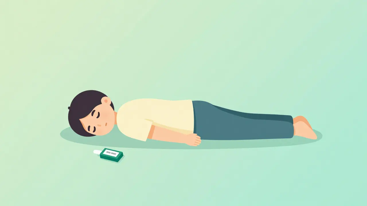 Illustration of a person lying in the recovery position on their side.