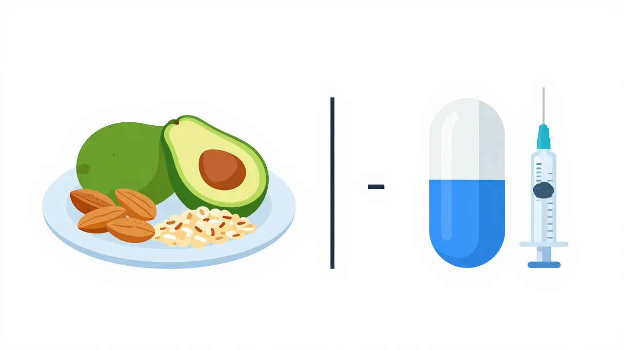 Illustration showing a healthy diet and medical treatments side by side for heart health.