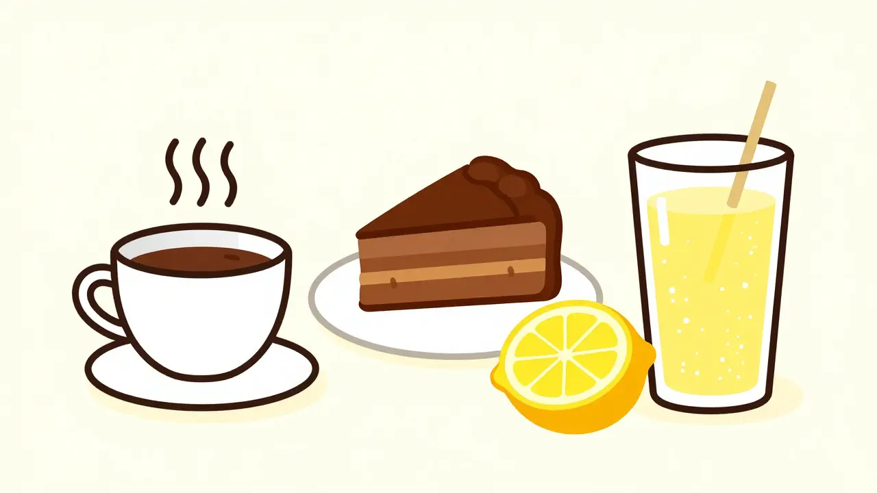 Minimalist collection of GERD trigger foods including coffee, chocolate, and citrus