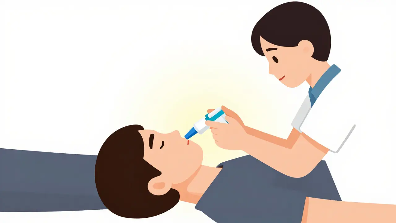 Minimalist drawing of a person receiving naloxone nasal spray.