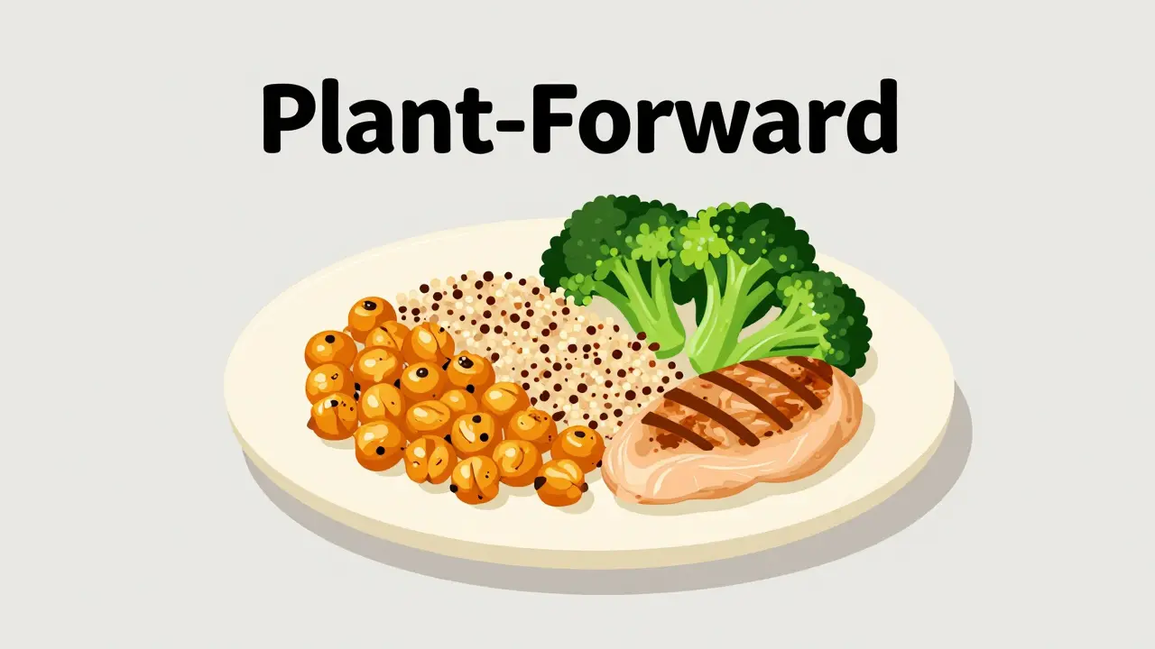 Minimalist illustration of a plant-forward plate featuring mostly vegetables and grains with a small piece of meat.