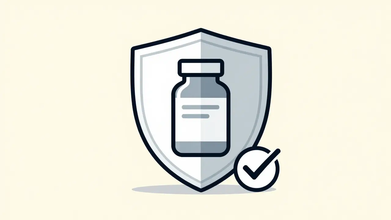 Minimalist illustration of a shield and checkmark protecting a medication bottle to represent pharmacy safety.