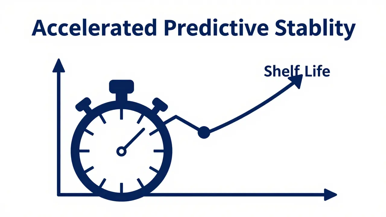 Minimalist illustration of a stopwatch and a graph depicting predictive drug stability testing.