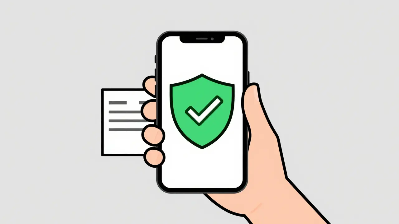 Smartphone displaying a green security shield and a medical prescription