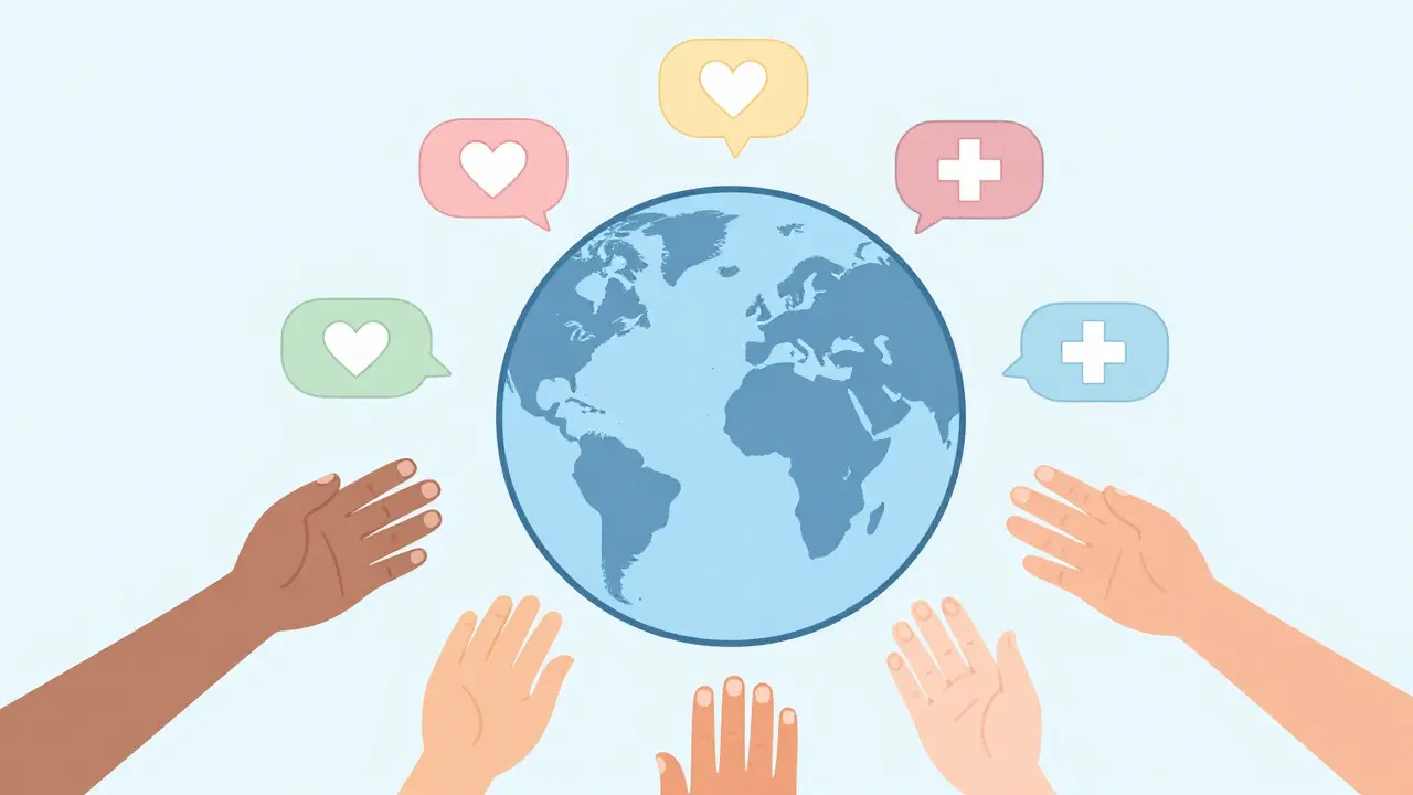 Stylized globe surrounded by support icons and helping hands