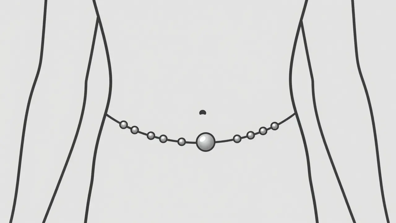 Stylized illustration of a LINX titanium bead device placed around the esophageal valve