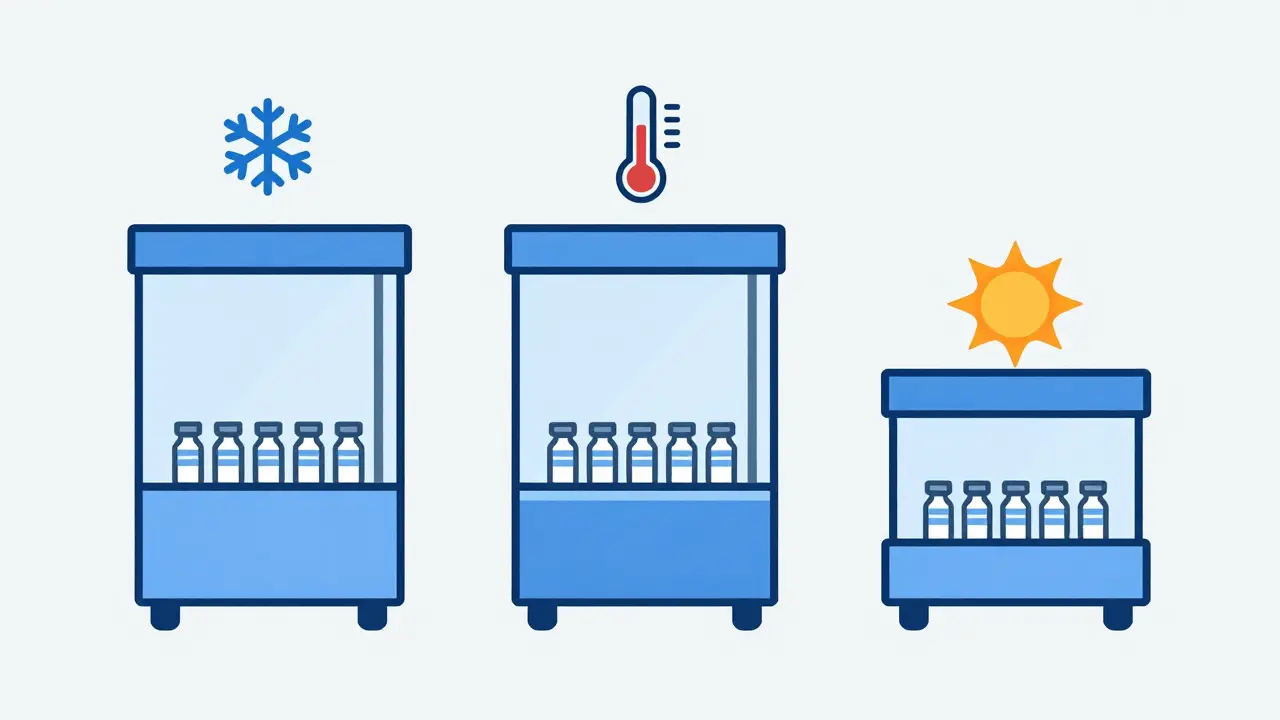 Three minimalist stability chambers representing refrigerated, room temperature, and accelerated testing.
