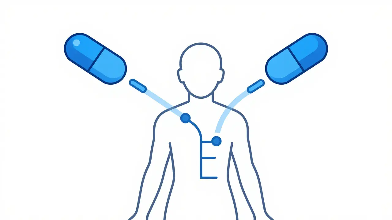 Abstract art showing two pills merging into one stream for bioequivalence.