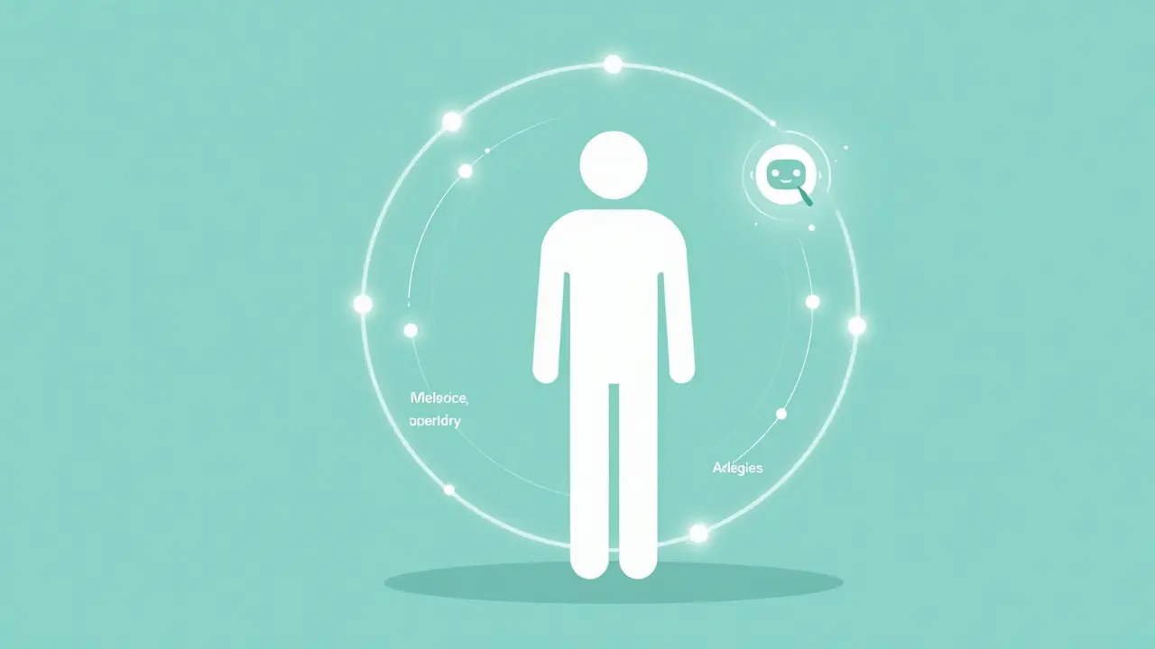 Abstract illustration of a patient surrounded by integrated health data and AI support.
