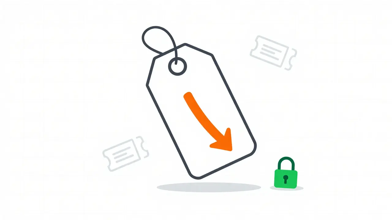 Abstract illustration of price tags and security icons for savings