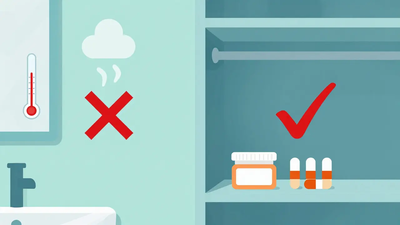 Comparison of unsafe bathroom vs safe dry storage for meds