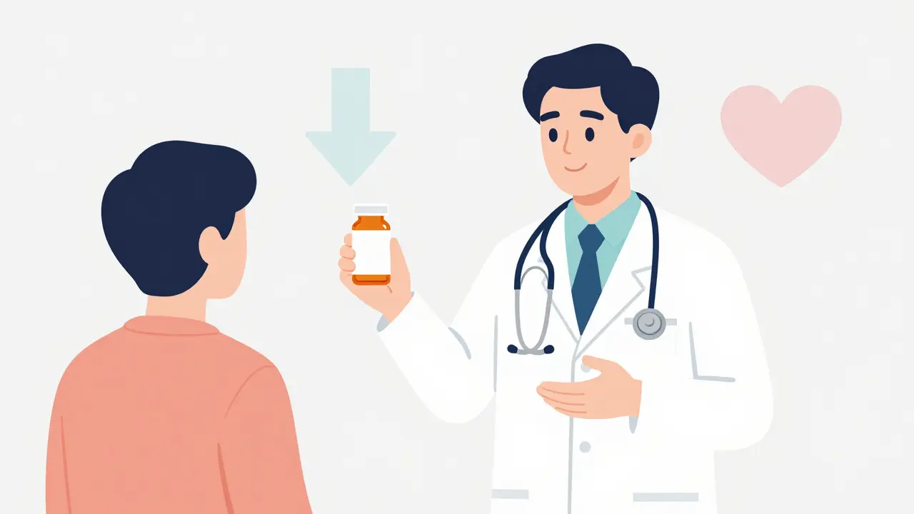 Doctor reassuring a patient about a plain generic medication bottle.