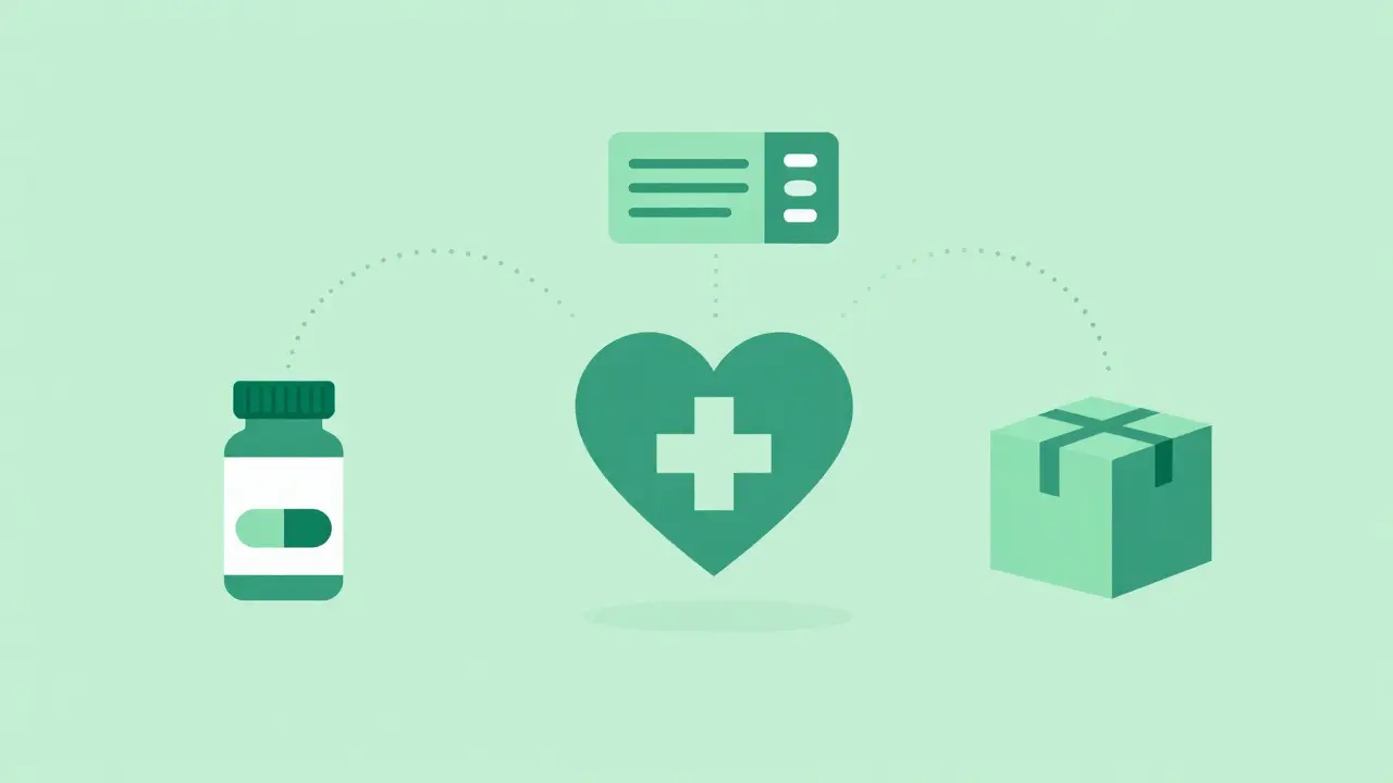 Icons representing pharmacy costs and delivery