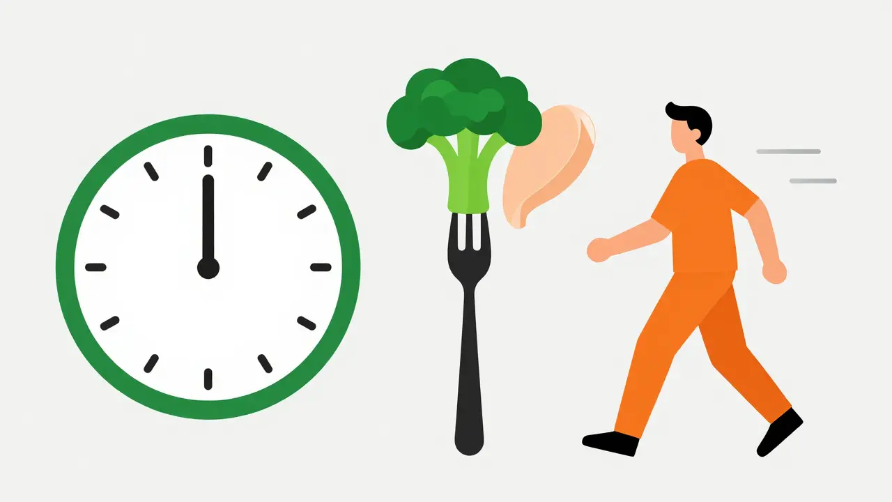 Illustration of time-restricted eating, exercise, and healthy food