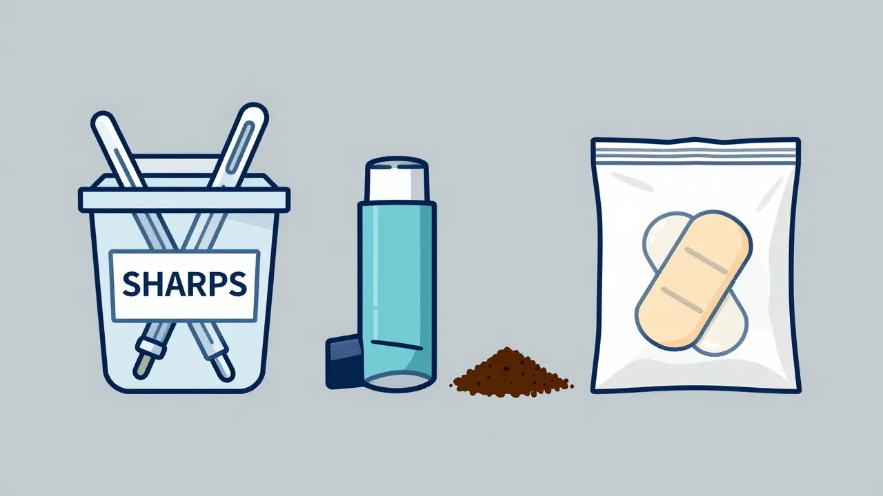 Illustration showing safe disposal methods for sharps, inhalers, and patches