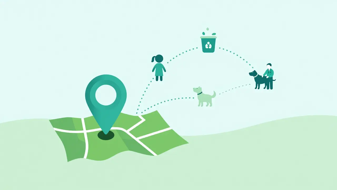 Map pin pointing to drug take-back site protecting community and environment