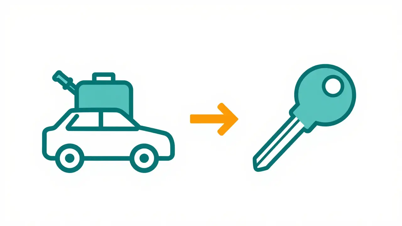 Metaphor of car fuel and key illustrating insulin and glucose