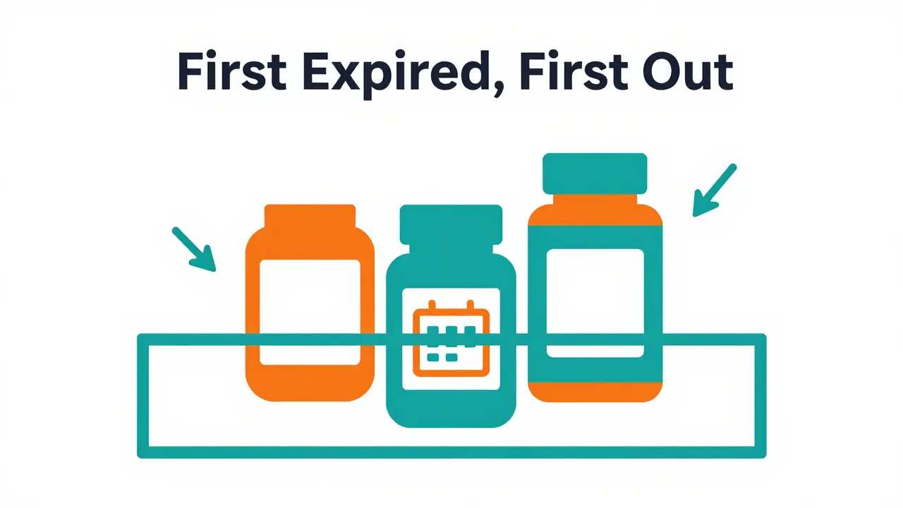 Minimalist graphic showing first-expired-first-out pill organization