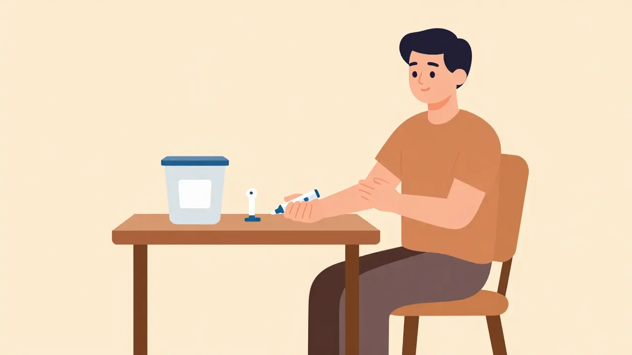 Patient calmly preparing biologic injection at home