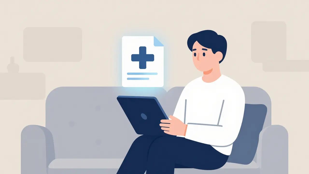 Person using tablet for telemedicine consultation in cozy living room