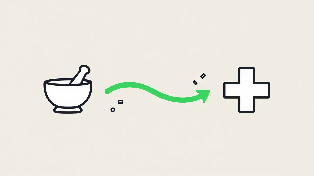 Simple graphic showing a two-way data connection between a pharmacy and a hospital.
