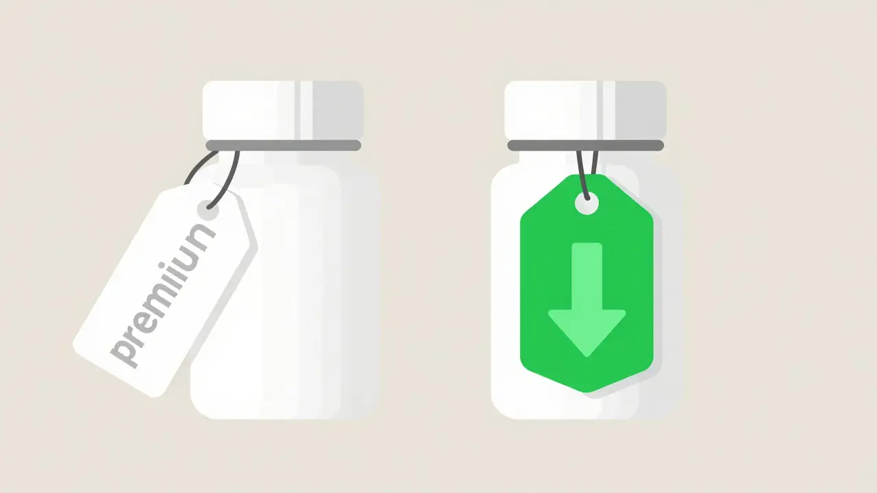 Two pill bottles comparing brand name premium cost vs generic savings