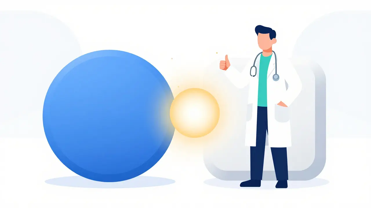 Abstract illustration showing two different pills having the same active core.