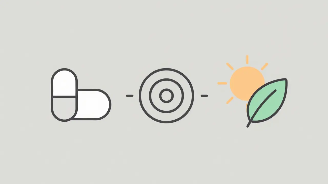 Balance scale with pill, sun, and leaf icons