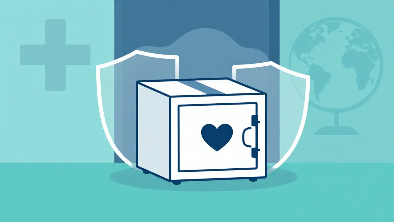 Cartoon package with safety seal on doorstep representing secure medication delivery.