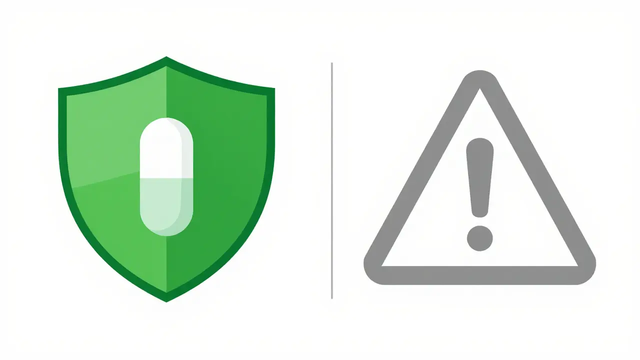 Green shield vs warning sign for real vs fake meds