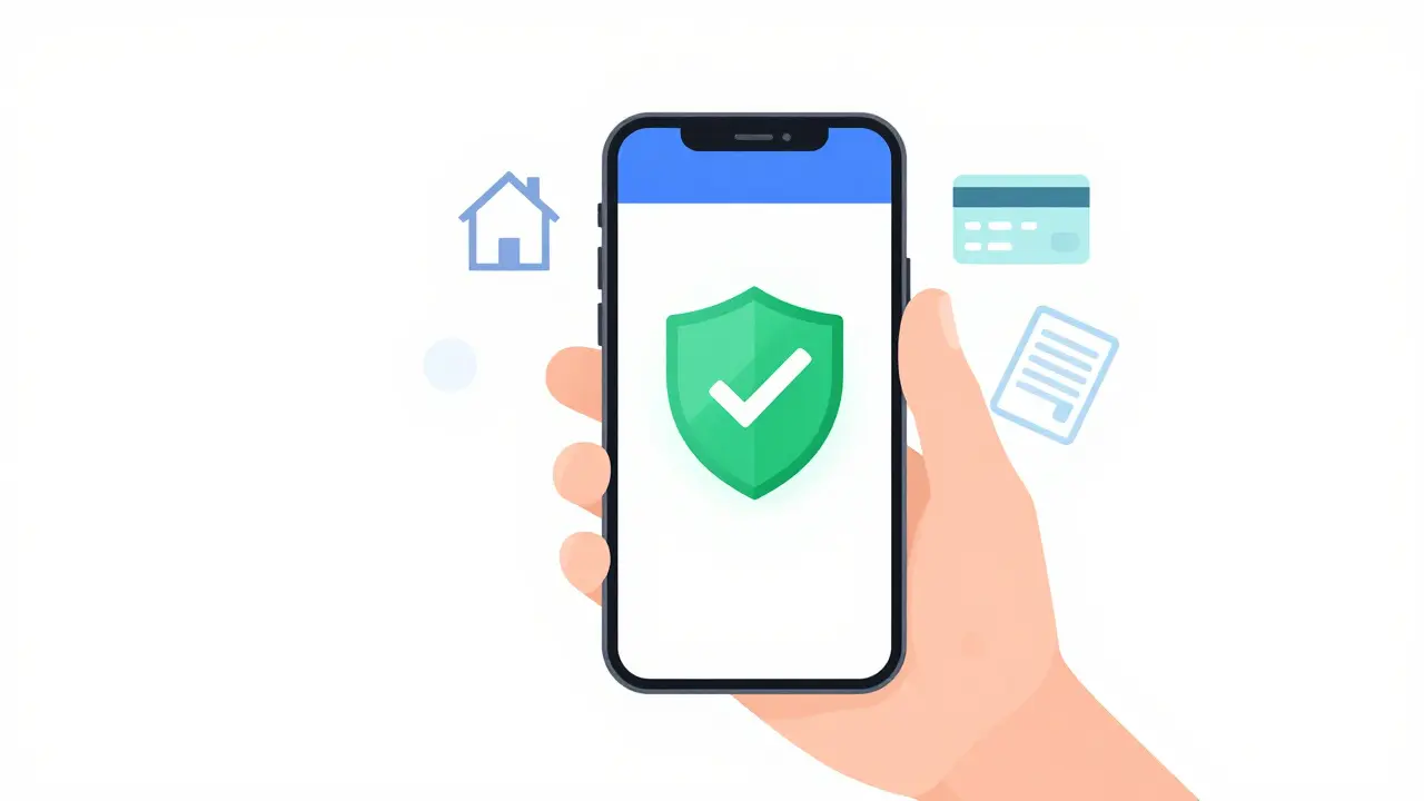 Hand holding phone with safety shield icon, credit card, and house symbols