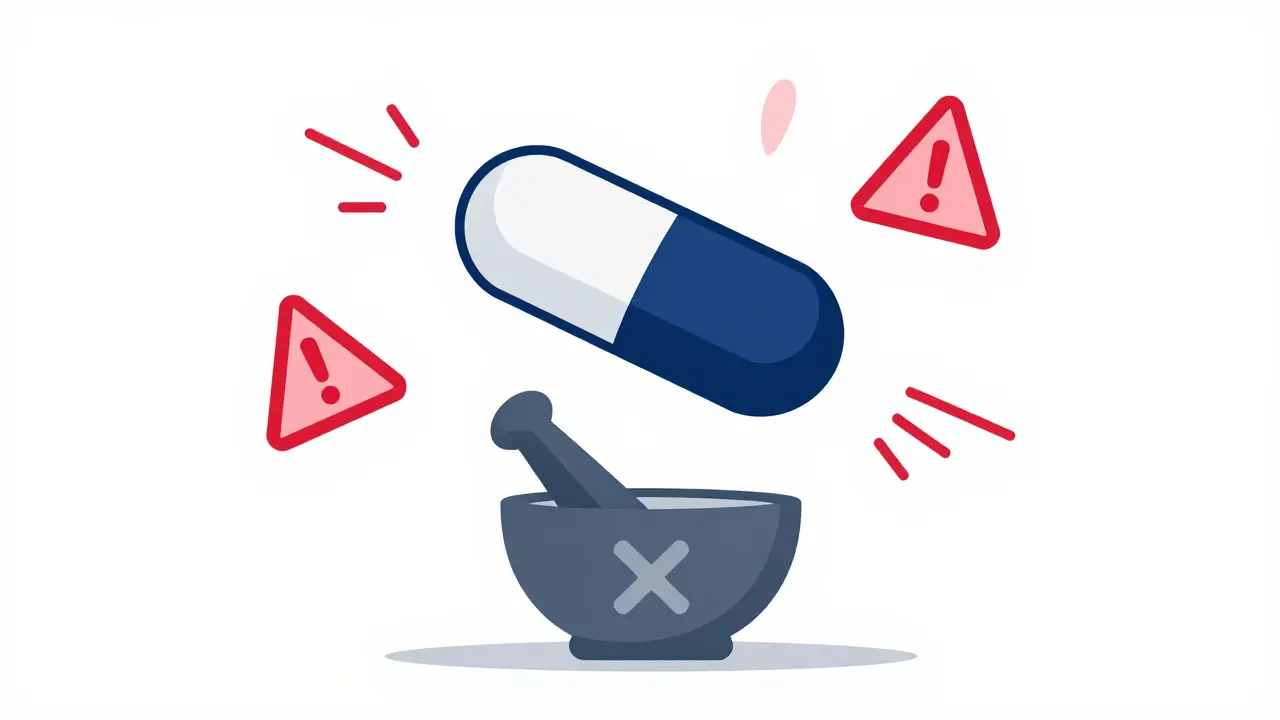 Illustration of an extended-release capsule with warning signs near a mortar