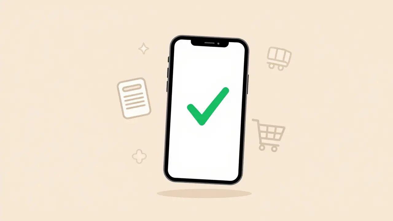 Minimalist phone icon showing green discount arrow for online medicine savings.