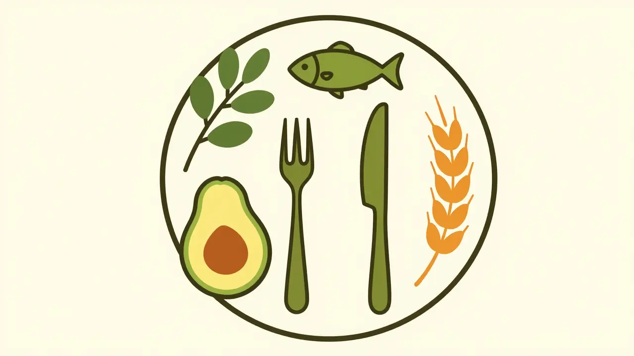 Minimalist plate with icons of olive oil, fish, and grains for liver health