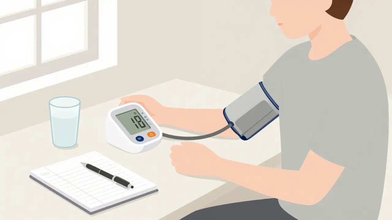 Person calmly monitoring blood pressure at home with logbook