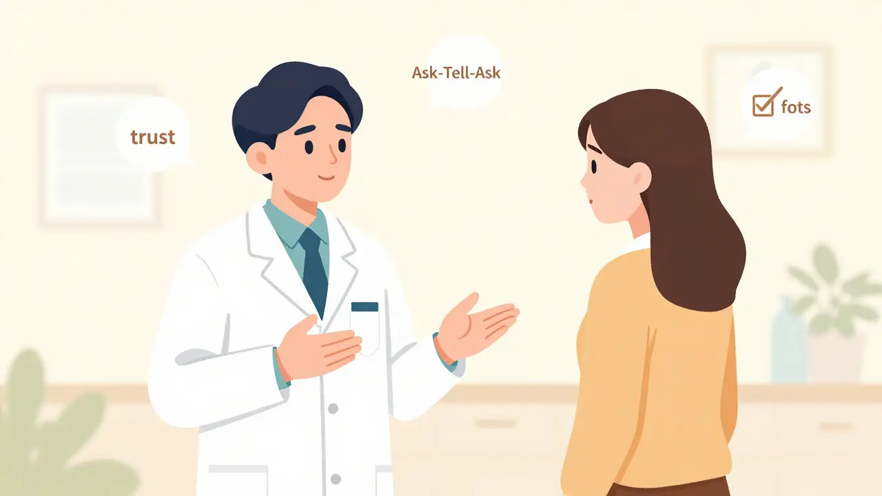 Pharmacist explains generic medication benefits to a skeptical patient.