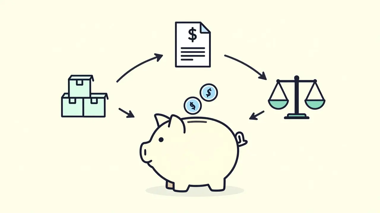 Piggy bank receiving coins from bundling, tax, and cost comparison icons