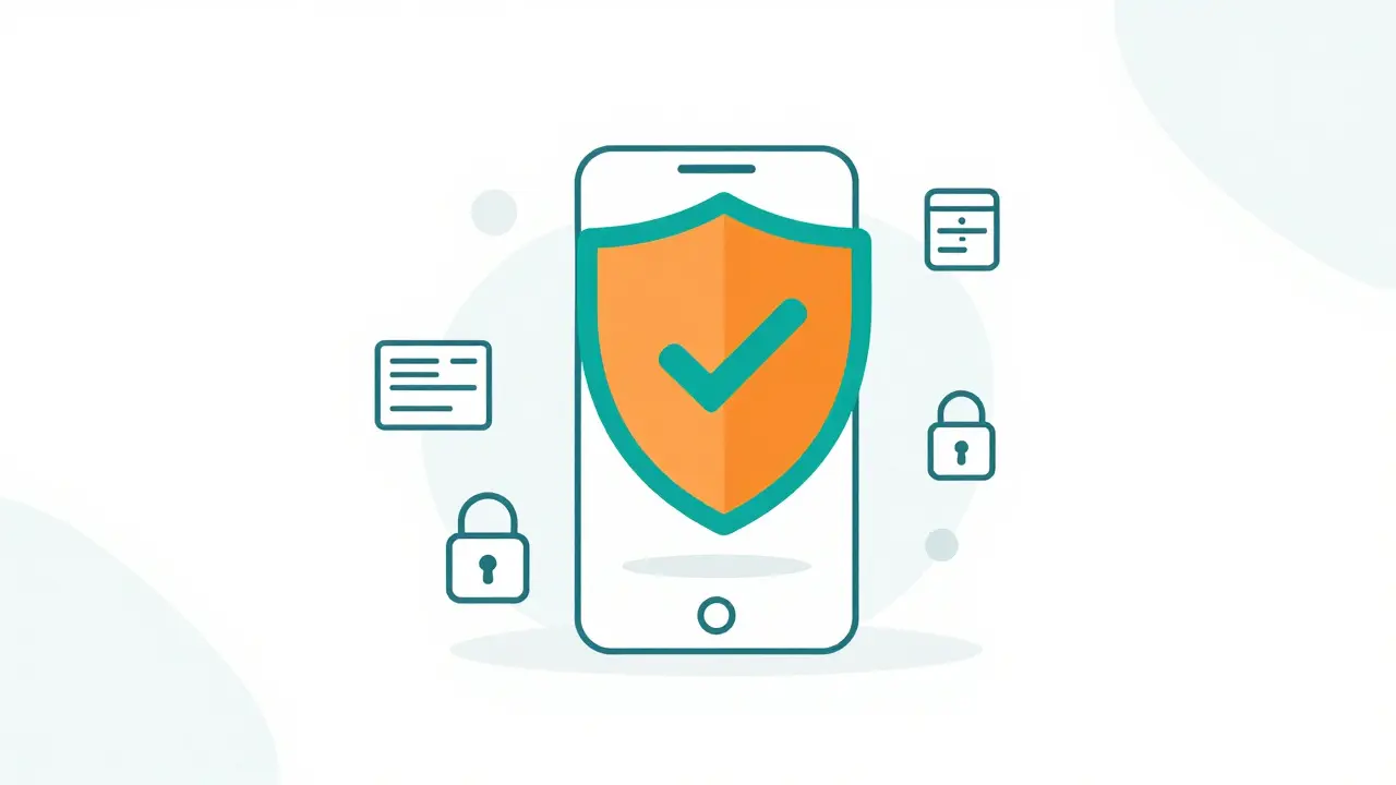 Shield icon over smartphone showing safe online pharmacy verification