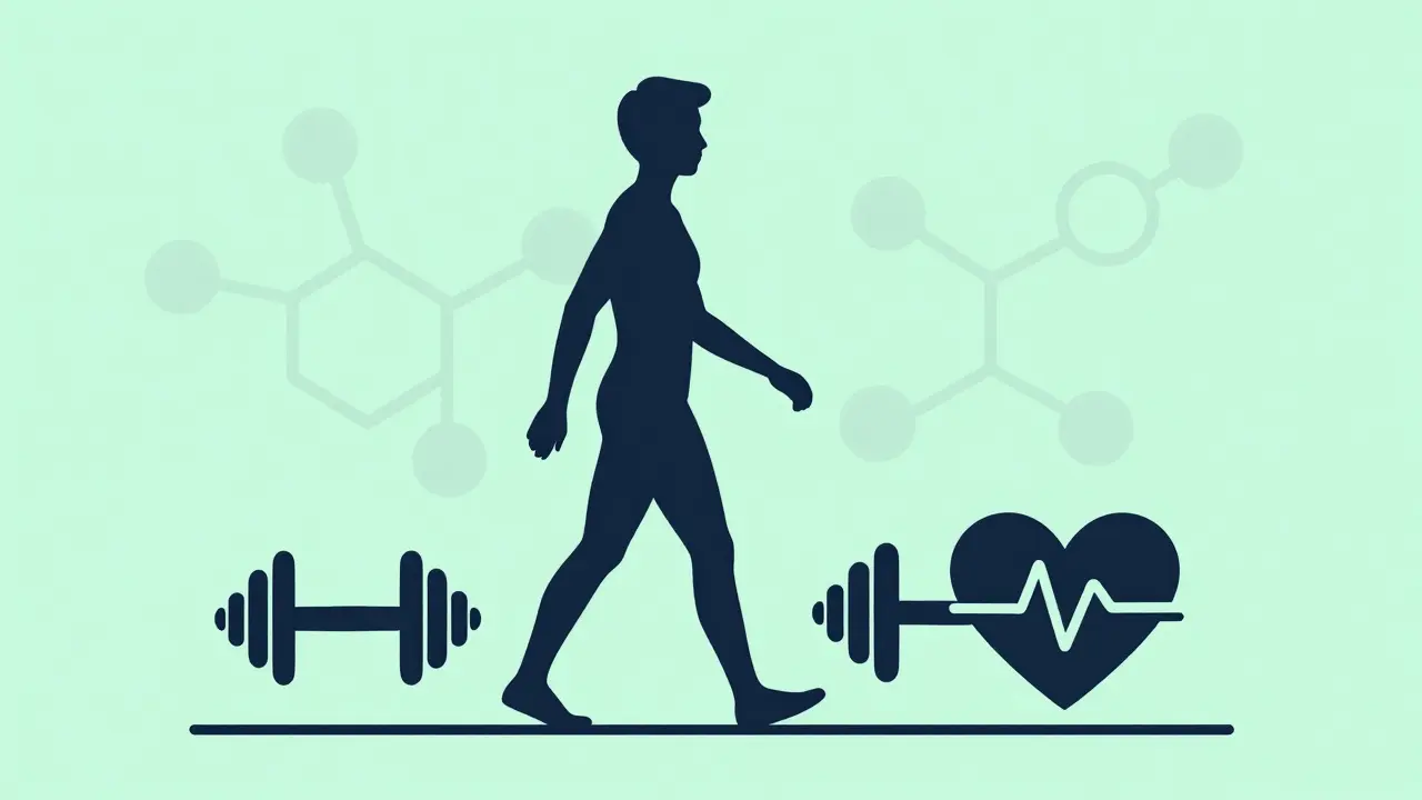 Silhouette of person walking with fitness icons and molecular symbols