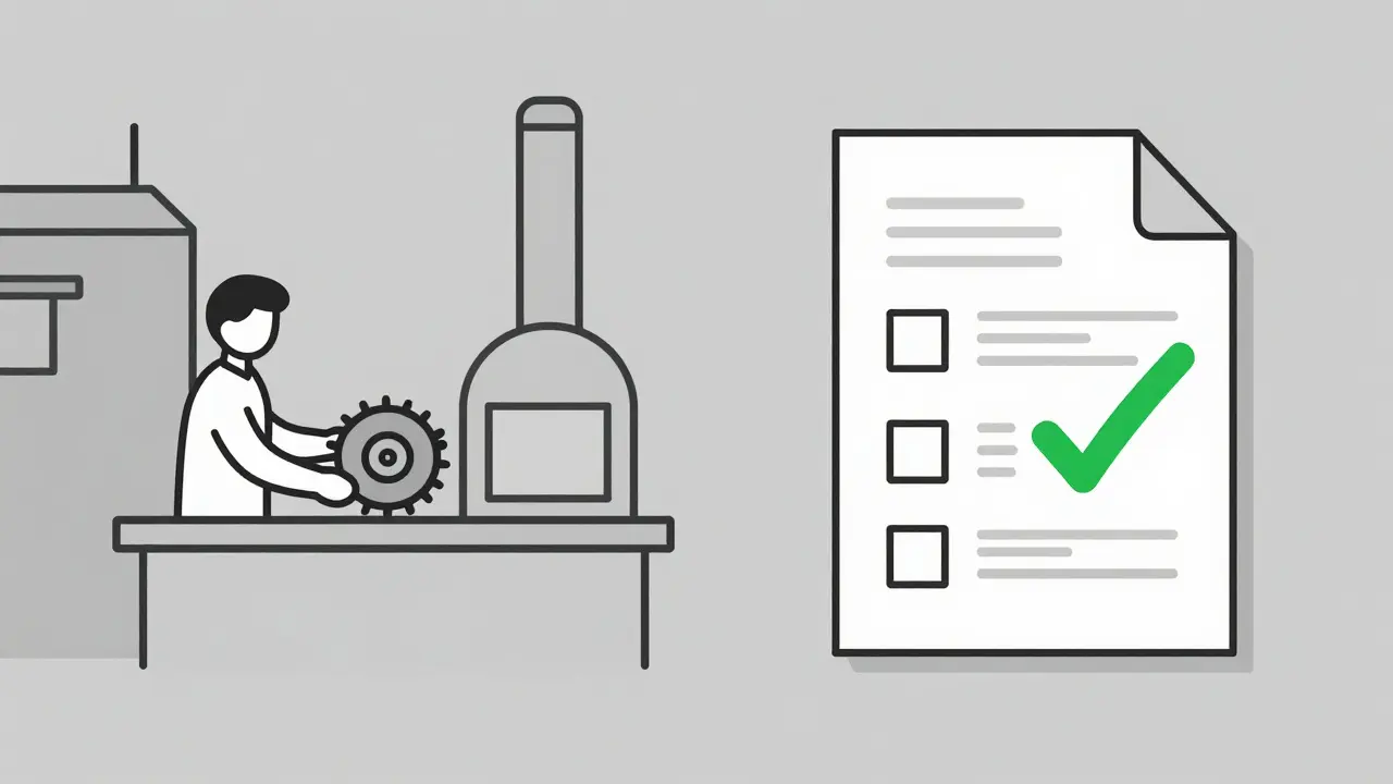 Split view showing factory fraud and fake approval documents