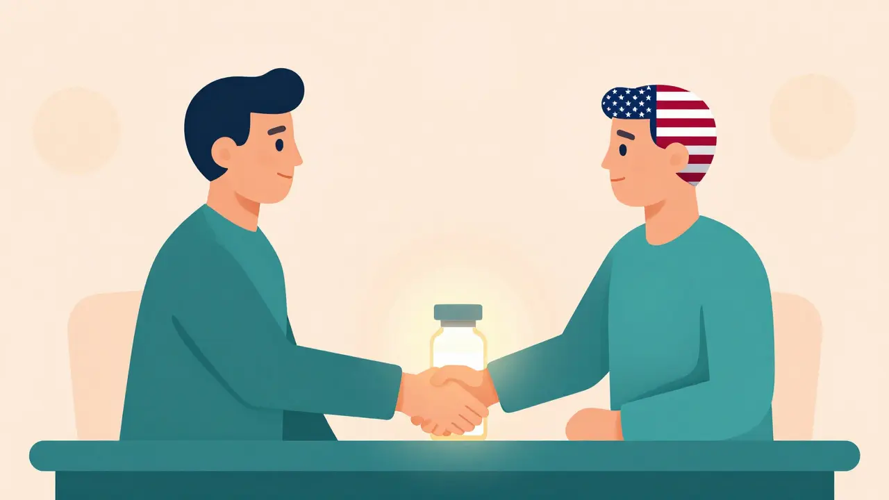 Two figures shaking hands over a glowing medicine vial, representing global market convergence.