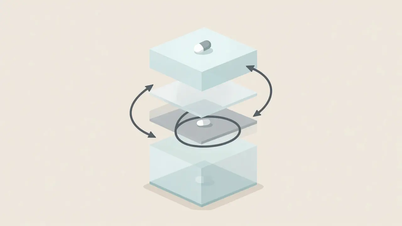 Abstract diagram showing pill passing through complex opaque PBM layers