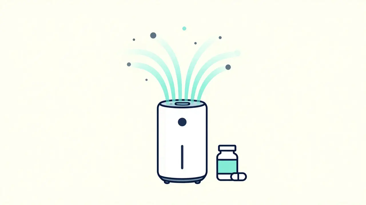 Air purifier clearing allergens alongside medical treatment icons