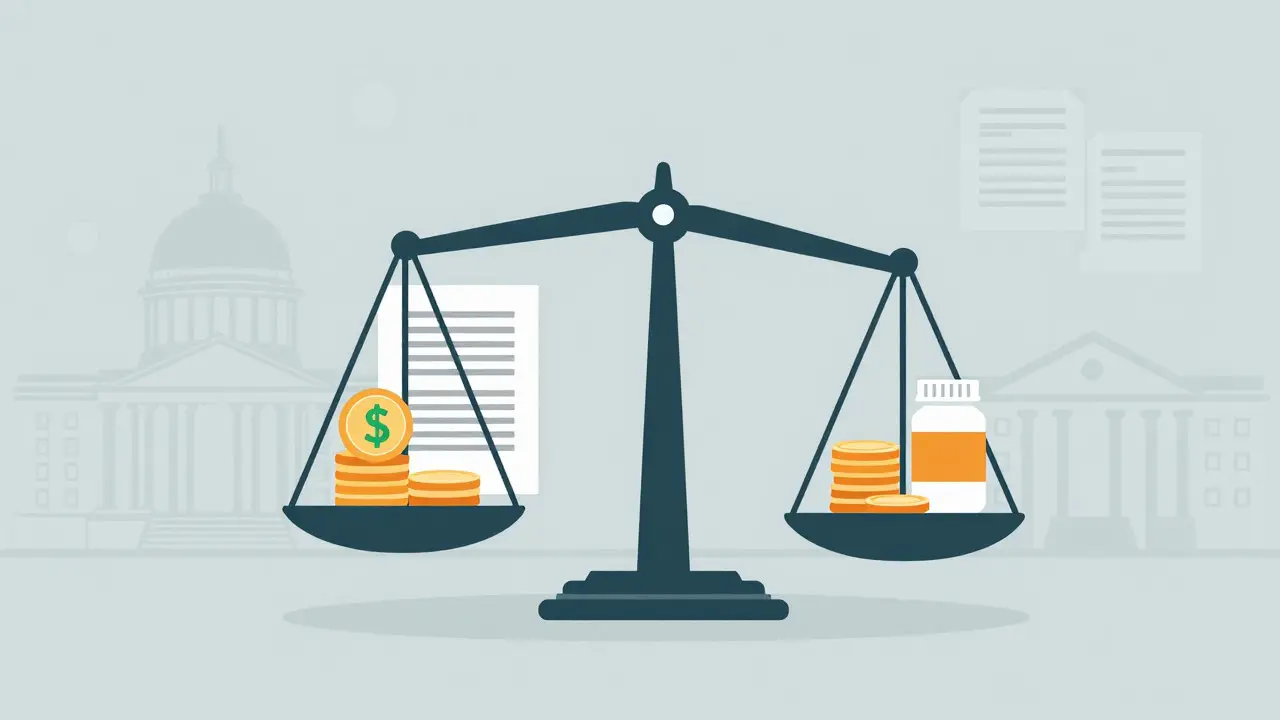 Balance scale weighing cost savings against regulatory complexity for drugs.