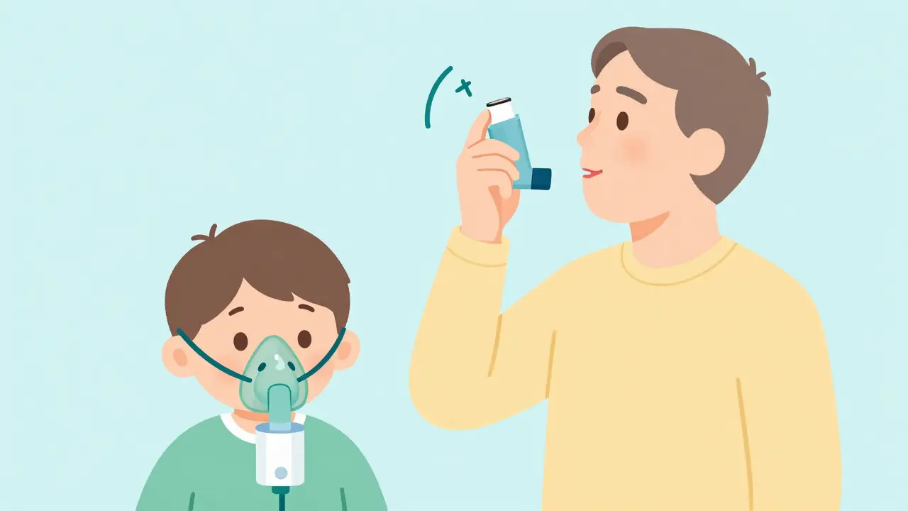 Child using a nebulizer mask while an adult uses an inhaler with a spacer