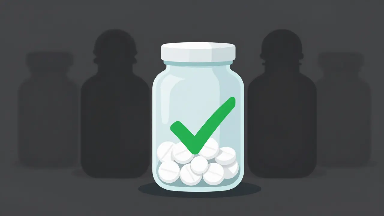 Conceptual art showing safe generic pills protected by shield against shadowy fakes.