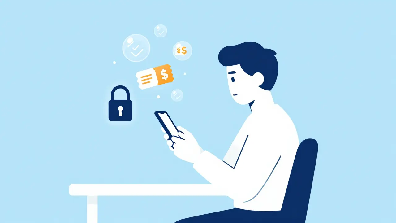 Flat design illustration of person using smartphone to find safe discounts on medication.